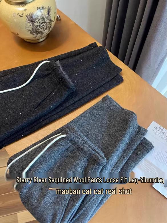 

Elegant Galaxy Sequin Wool Casual Pants - Stylish, Versatile, Warm, and Loose-Fit Straight Leg Design Large