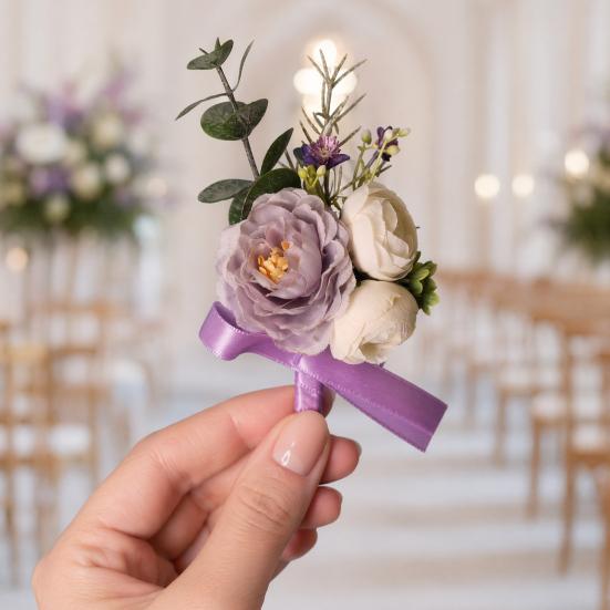 Yousheng Purple Wedding Boutonniere, Artificial Silk Flower Lapel Pin for Groom Bride Parents, Romantic Wrist Corsage for Bridal