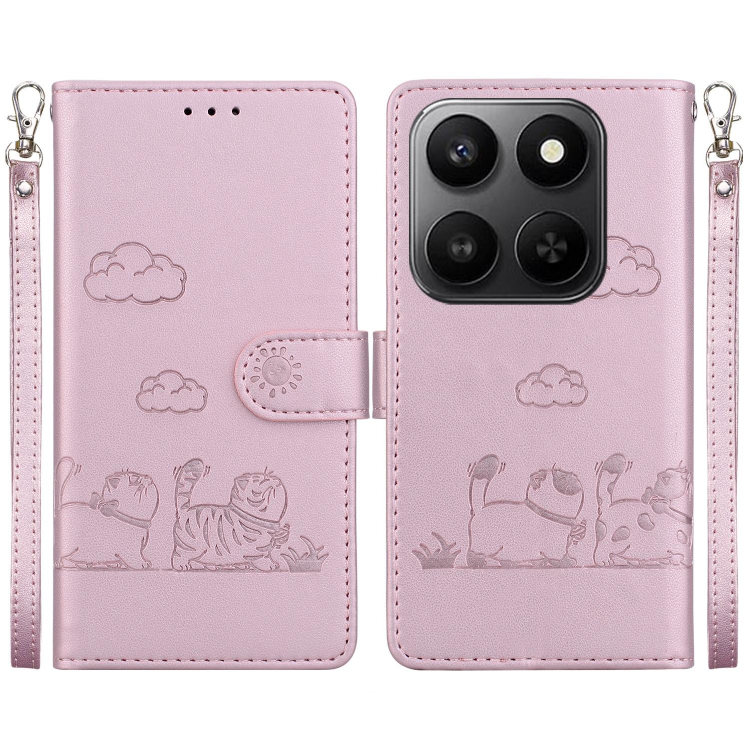 

For Honor 400 Smart 5G/4G/X7d 4G Case RFID Blocking Kitten Pattern TPU + PU Leather Phone Cover with Wrist Strap