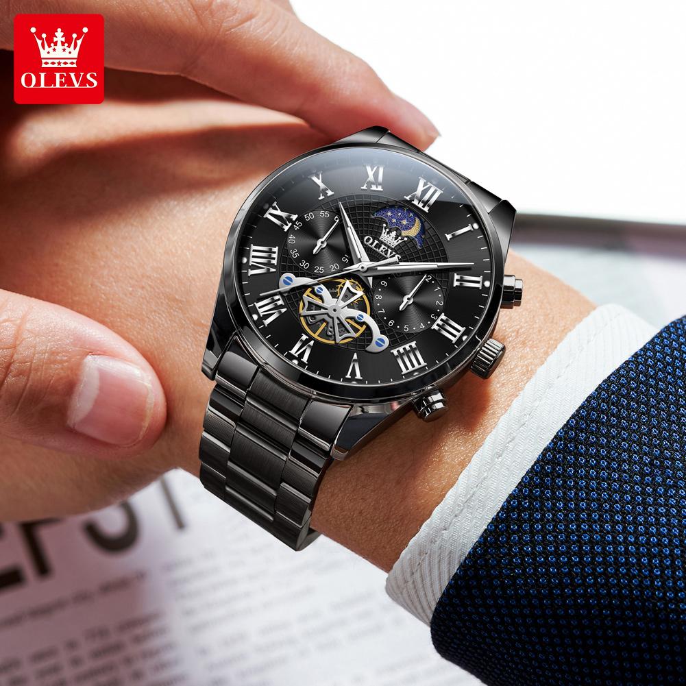 OLEVS Men's Watches Multifunctional Chronograph Flywheel Dial Original Wristwatch Moon Phase Waterproof Watches