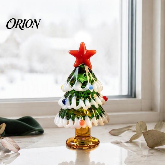 Small Souvenir for Christmas Handmade Glass Mini Tree Figurine, Blown Tabletop Ornament with Collectable Table Decor Star Topper, Desktop Home Window