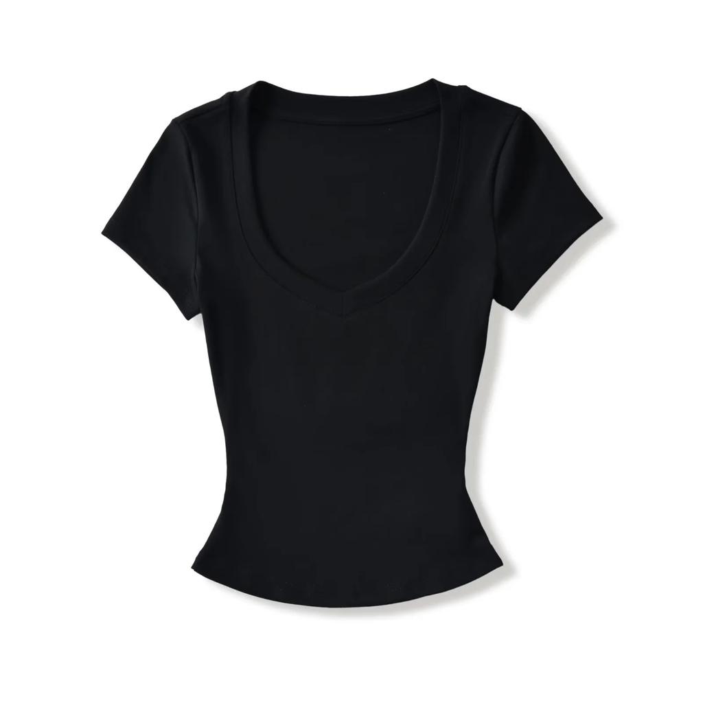 Peach Heart Neck Short-sleeved T-shirt Women's Summer New American Spice Girl Solid Color Basic Slim-fit Front Shoulder Bottoming Top