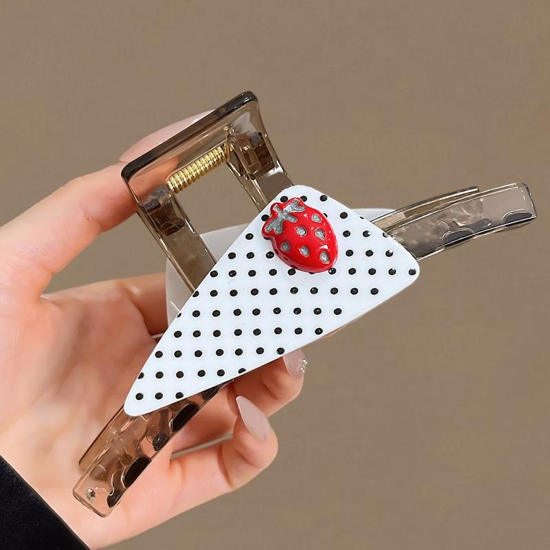 Polka Dot Hair Claw Clip With Strawberry Decor Non Slip Grip For Daily Party Womens Hair Accessory