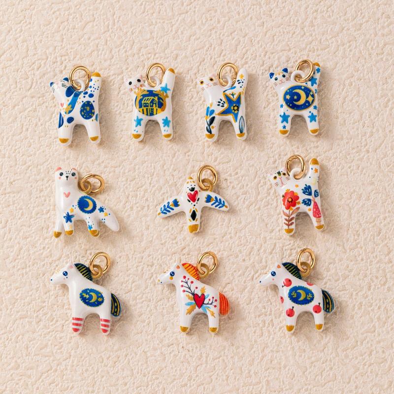 Cartoon Animal Ceramic Pendant Hand Painted Blue White Porcelain Charm Cute Cat Horse Bird Bead For Diy Necklace Jewelry Making