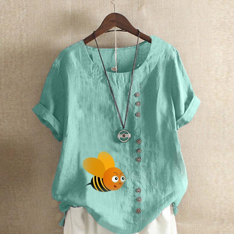 Women's Fashion Round Neck Short Sleeve T-shirt Casual Cotton Linen Graphic Shirt Leisure Loose Honeybee Prined Summer Blouse Tops