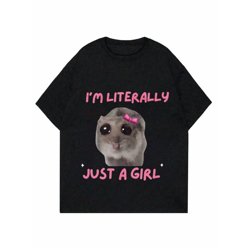 Women T Shirt Black I M Literally Just A Girl With Hamster And Pink Bow Print Casual Daily Wear Top
