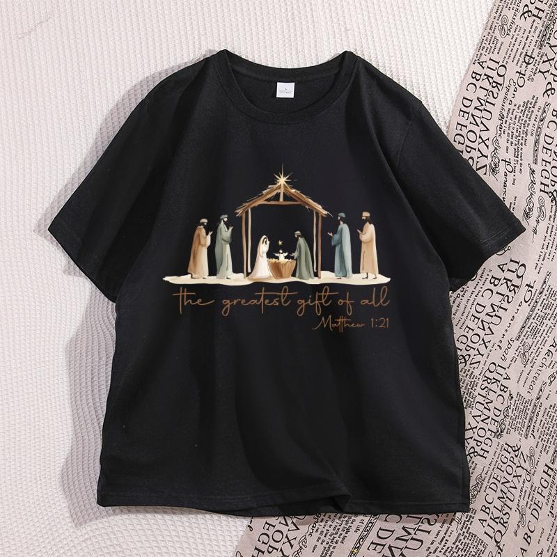 The Greatest Gift of All Tshirt Nativity Religious Christmas T Shirt Jesus Love TShirt Casual Cotton Round Neck Graphic Tees