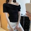 Gray High-end Design Slanted Shoulder Short-sleeved T-shirt Summer New Korean Version Slim and Thin Off-shoulder Short Top