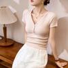 G Youke silk, with good materials and quality, button V-neck T-shirt women's short-sleeved summer new high-waisted top