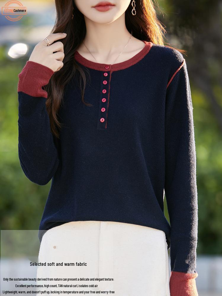 Stylish Women's Color Block Knit Sweater - Round Neck, Long Sleeve, Age-Reducing, Casual Top