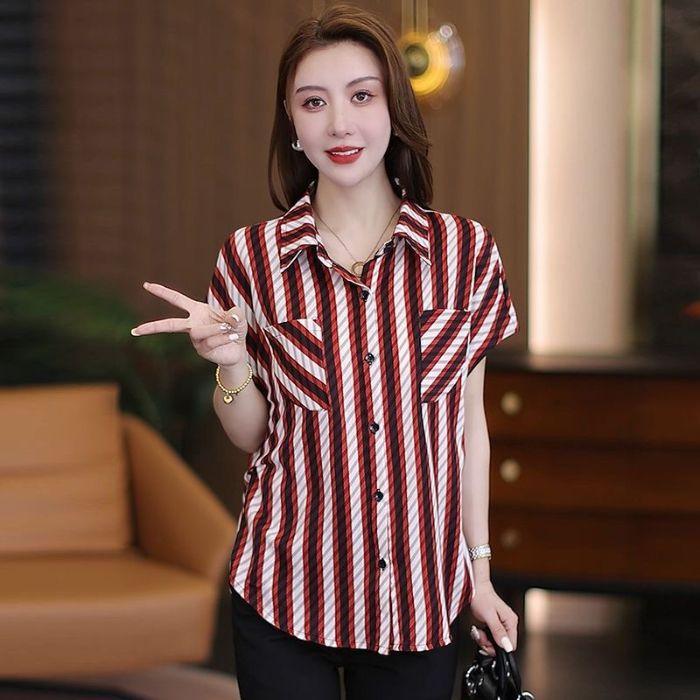 

Женская рубашка высокого класса 2025 с коротким рукавом, летняя новая темпераментная модная полосатая тонкая рубашка-топ M（85-105）