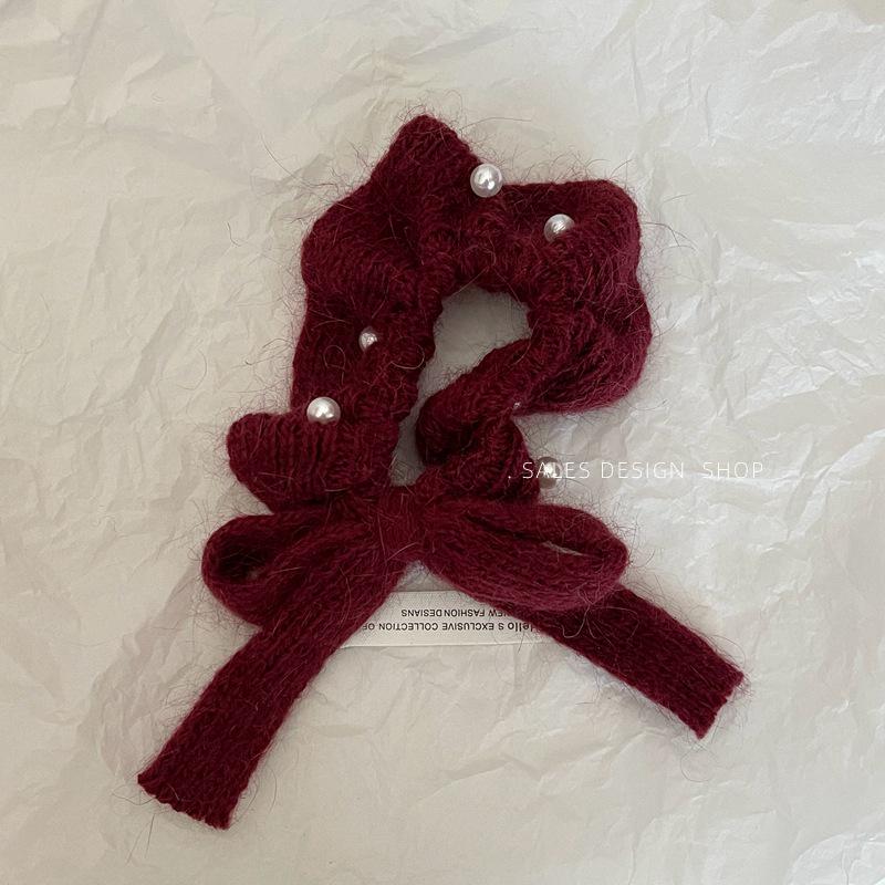 Корейская вязаная резинка-скранчи с жемчужным бантом – Элегантный осенне-зимний аксессуар для волос