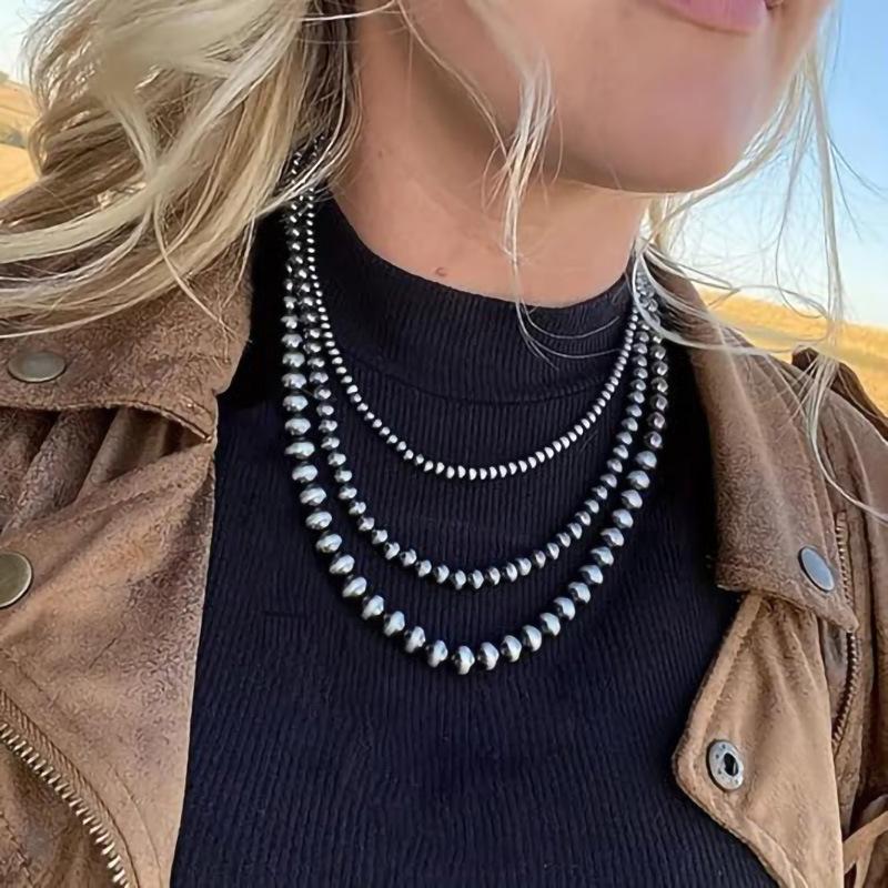 Navajo Pearl Beaded Necklace Oxidized Silver Tone Southwestern Style Choker Adjustable Vintage Tribal Chain for Women