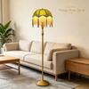 Vintage Tassel Floor Lamp with Dimmable Bulb, Green Velvet Lampshade Standing Lamp with Beaded Fringe, Golden Metal Pole Base, Retro Decorative Floor
