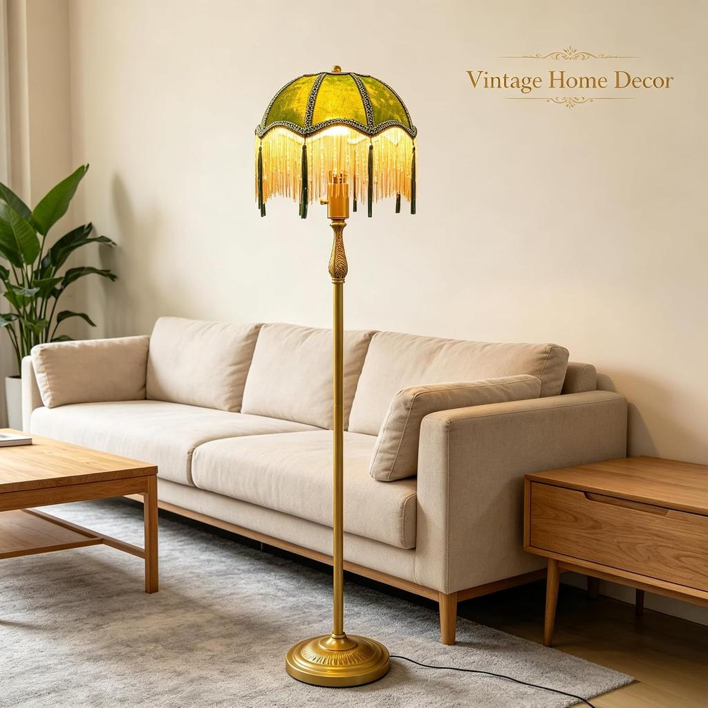 Vintage Tassel Floor Lamp with Dimmable Bulb, Green Velvet Lampshade Standing Lamp with Beaded Fringe, Golden Metal Pole Base, Retro Decorative Floor