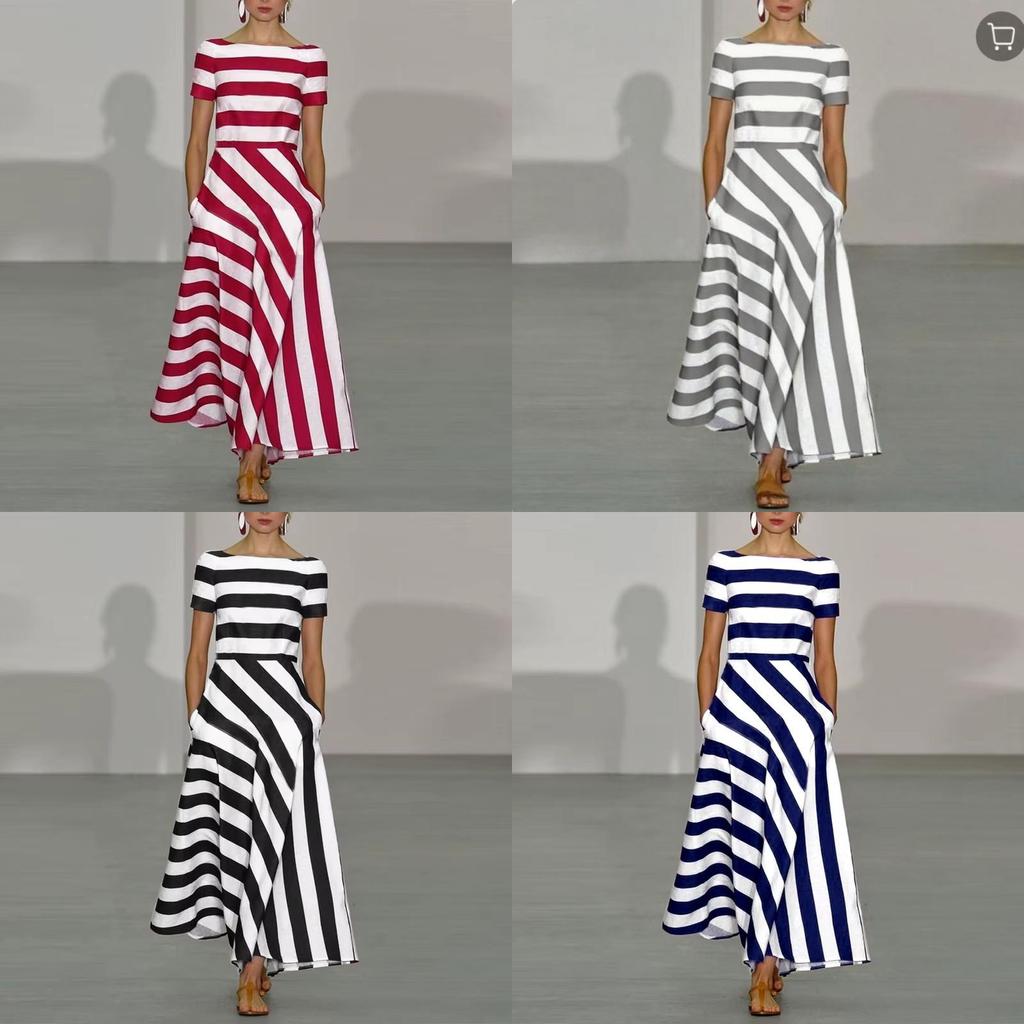 Casual Striped Long Dress With Elastic Polyester Fabric For Spring Daily Wear