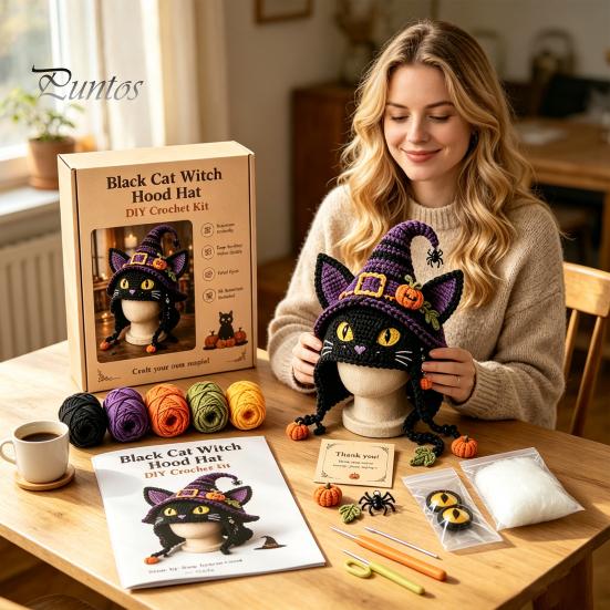 Cute Animal Hat Pattern Highland Cow Crochet Kit, Halloween Pumpkin Spider Hood DIY Kit Handmade Craft for Adults Teens Creative Hobby Gift