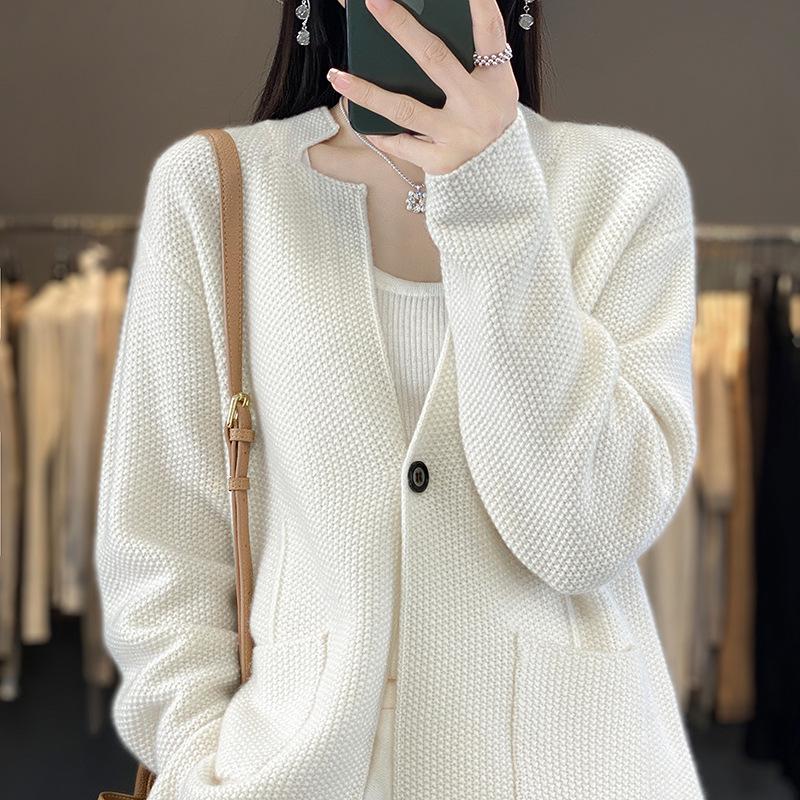 24 AW New Color Women's 100% Wool Mid-Length Knit Cardigan with Pockets