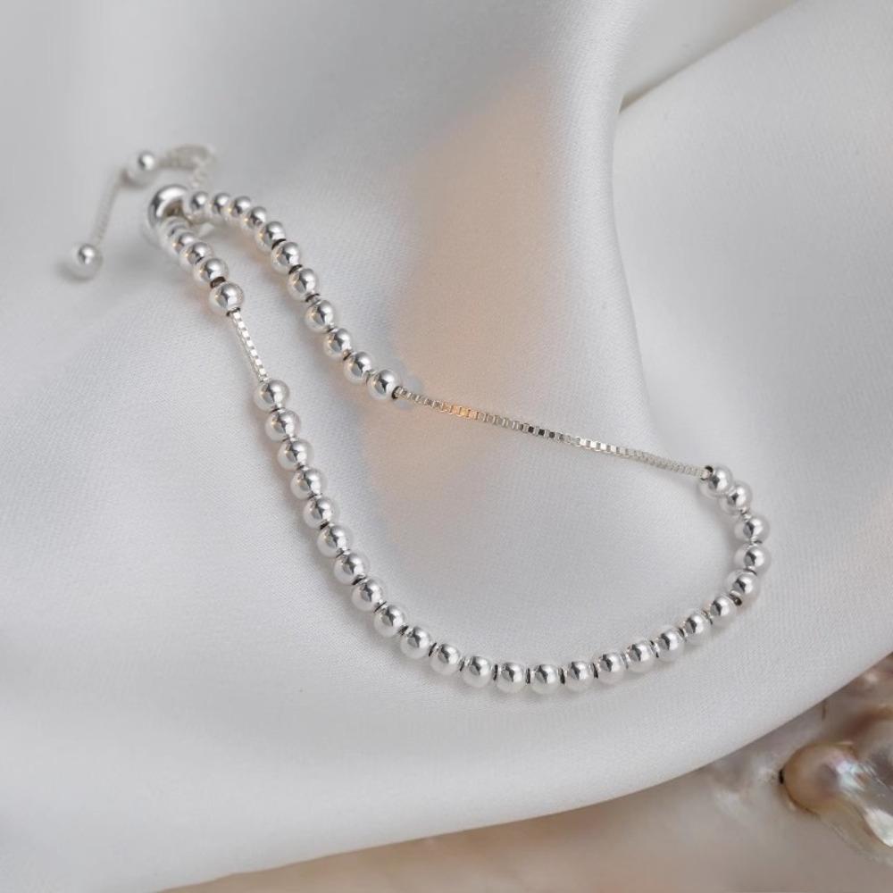 Simple Trend Silver Color Stainless Steel Geometric Small Round Beads Beaded Adjustable Pull-out Bracelet for Women Jewelry Gift