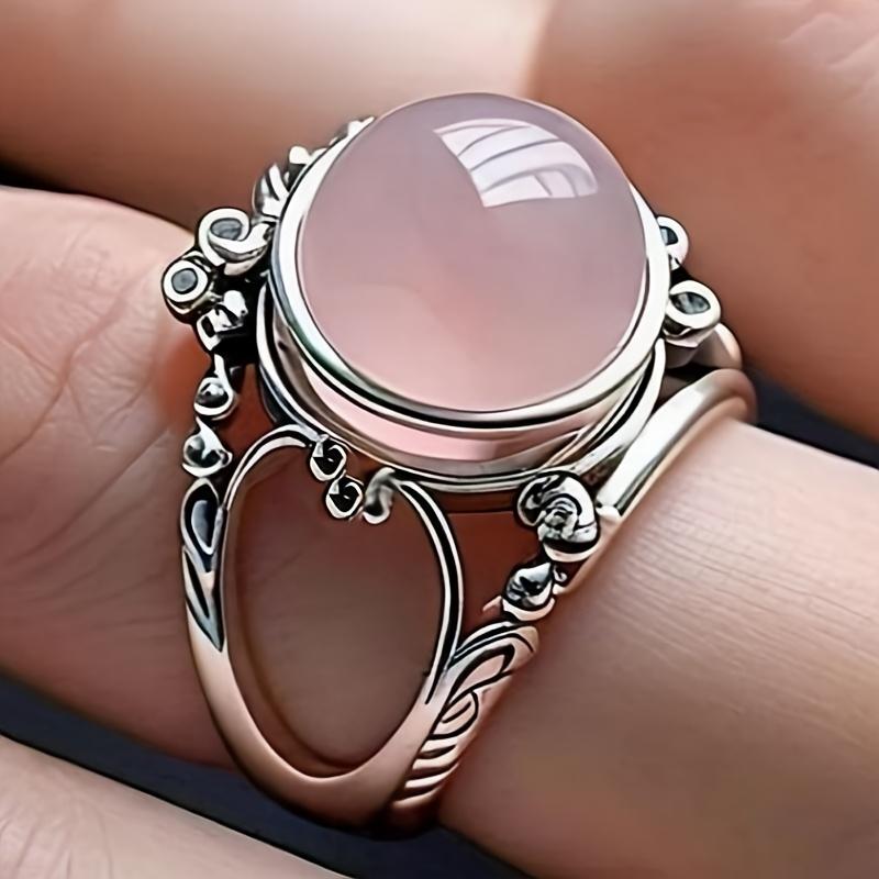 Huitan Sweet Women Ring Pink Bead Stone Aesthetic Party Accessories Engraved Design Vintage Lady Temperament Daily Jewelry