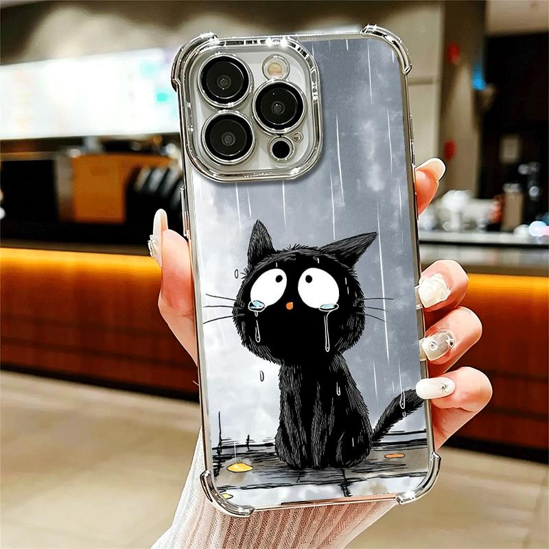 Healing Sense Cat Rain Plating Phone Case For Iphone 16 17 Pro Max Air 16E 14 15 Plus 12 13 Mini Anti-Fall Airabag Cover