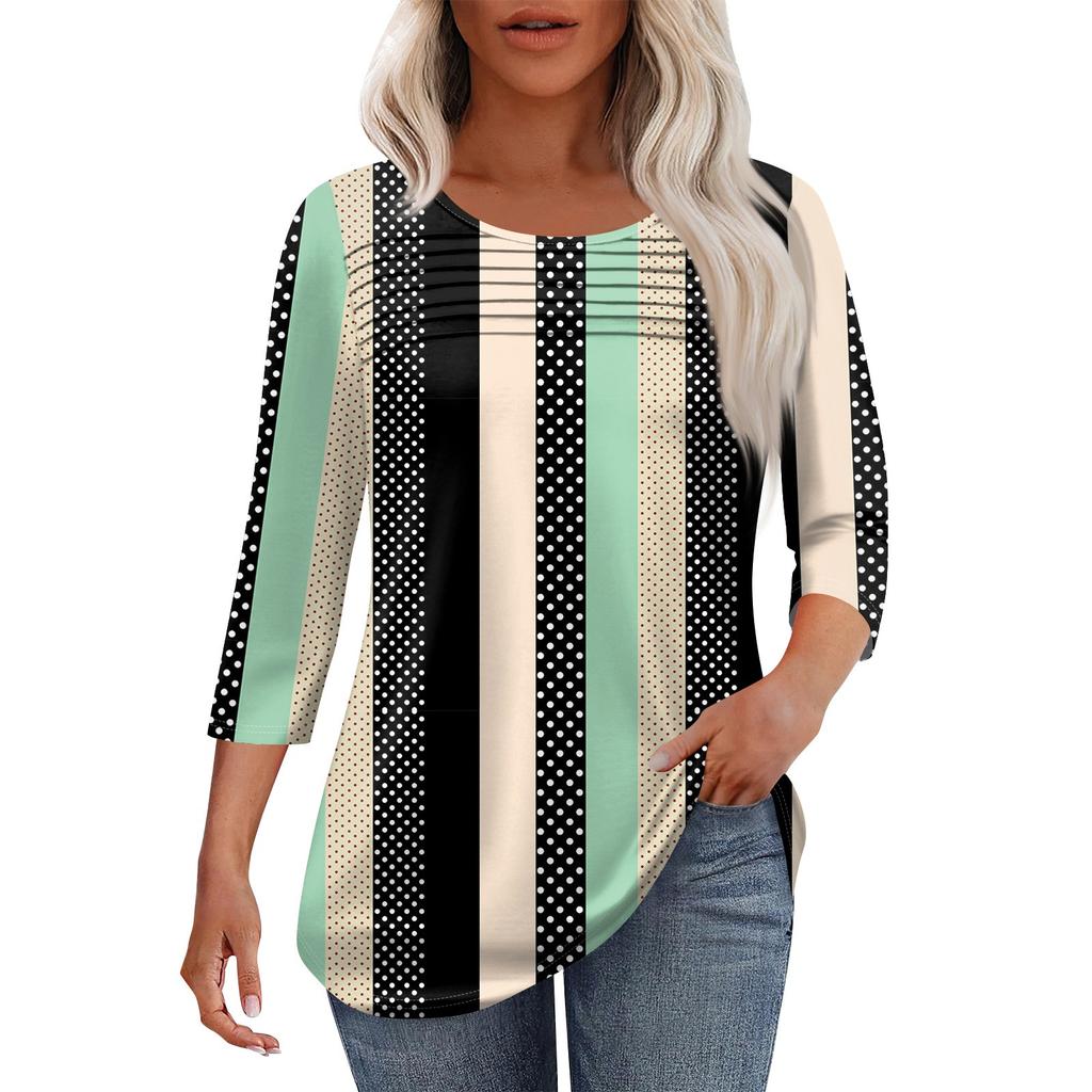 Dámský módní top s kulatým výstřihem, plisovanou přední légou, jednobarevný, s 3/4 rukávy