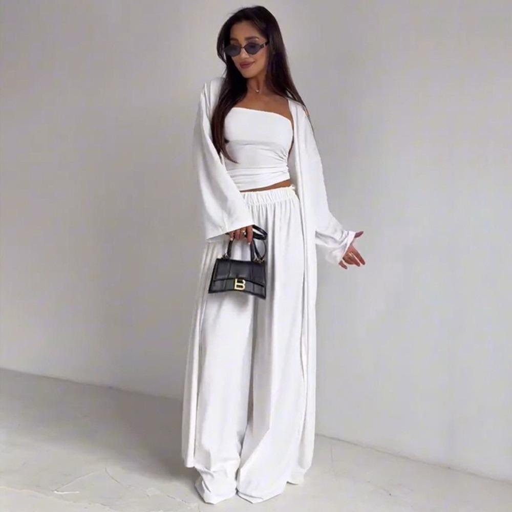 Women 3 Piece Sets Off Shoulder Sleeveless Cropped Tank Top Long Cardgian Elastic Wide Leg Pant Female Suit Summer Lady Outfits