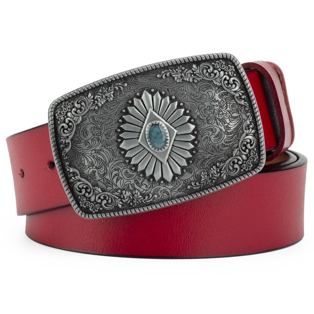 Classical Silver Carved Flower Pattern Buckle Enamel Sapphire Genuine Leather Belt For Women Men Belts Gift