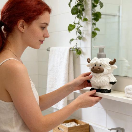 Seifenspender Highland Kuh Figur Handgefertigtes Design Seifenpumpe Auslaufsicher Badezimmer Küche Lotion Flasche