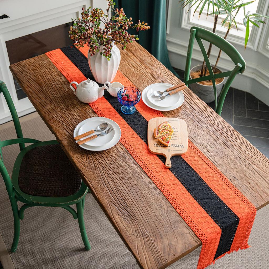 Linen Cotton Stitching Table Runner Dinning Table Decoration Two-color Woven Tassel Natural Material Wedding Decor Table Runners
