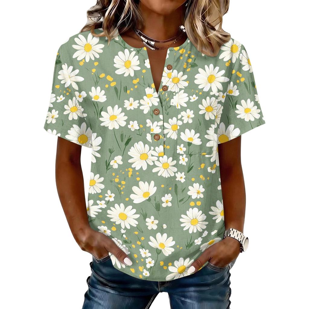 Women’s Casual Vintage Floral Print Henley Button Neck Short Sleeve Cotton Linen Shirt Loose Fit Blouse for Summer Daily Wear