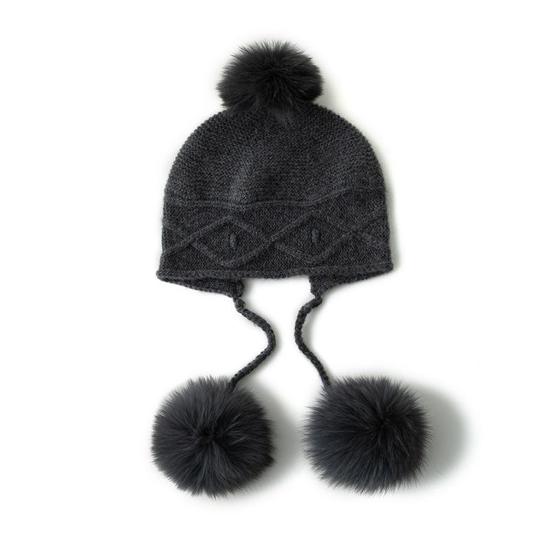 Cashmere Autumn and Winter New Women's Thickened Braided Pom Pom Hat Earring Hat  Cold Hat Headscarf  Knitted Hat