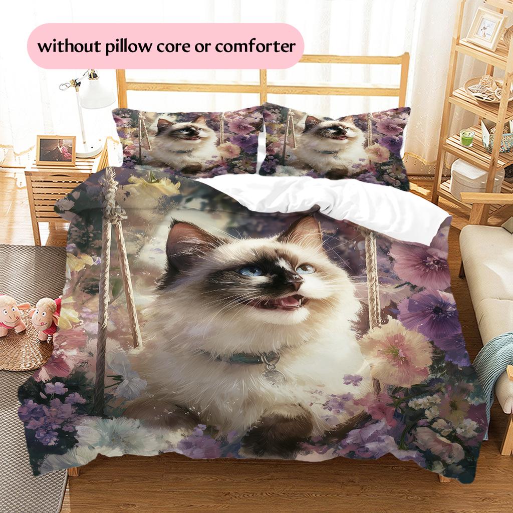 Ragdoll Cat and Fresh Flowers Pattern Bedding Home Decoration Birthday Gift (1 * Duvet Cover + 2 * Pillowcase, Without Core)