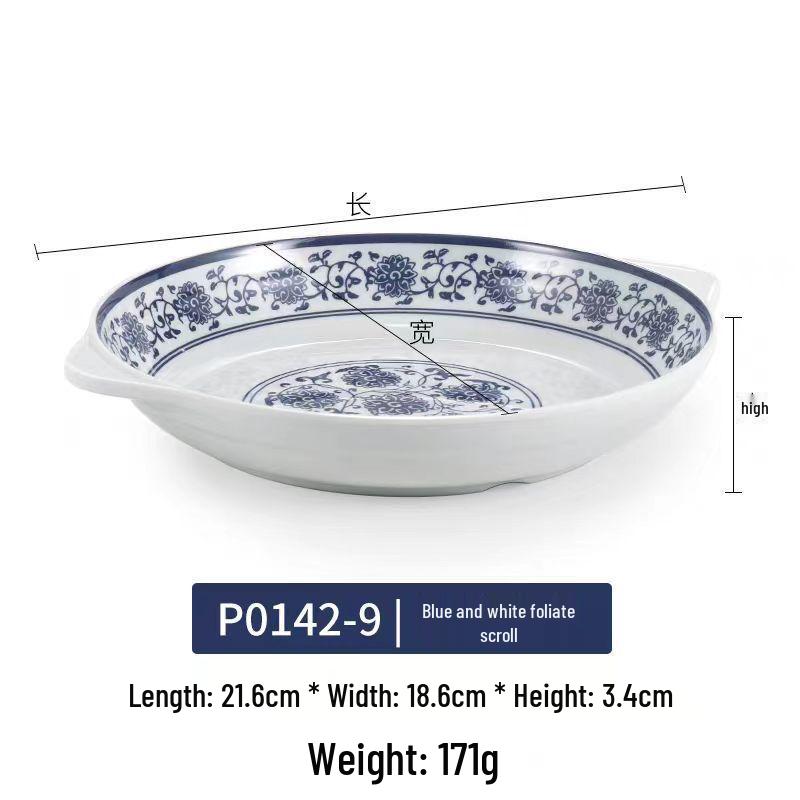 Modrobílý hluboký talíř z melaminu ve stylu porcelánu pro ryby, polévky a komerční použití