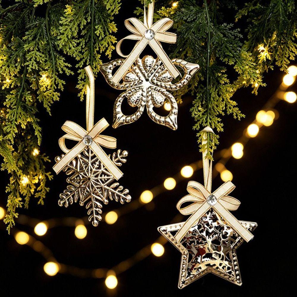 Gold Color Christmas Tree Pendant Snowflake Shape Bell Accent Icicle Ornaments Set Reindeer Motif Star Design