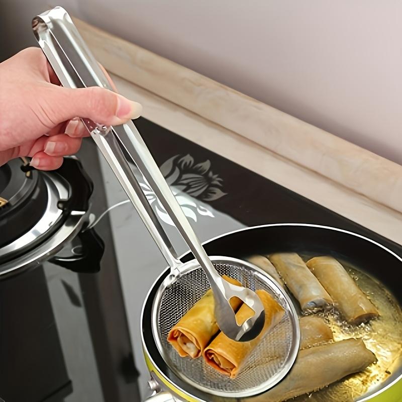SHAON Extended Stainless Steel Oil Spoon Filter - Multifunctional Non Stick Mesh Oil Pan Clamp, Stainless Steel Food Clamp