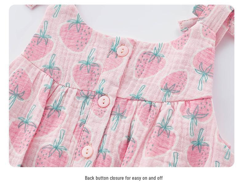 2025 Sommer Neugeborenes Erdbeer-Baumwoll-Strampelhöschen - Ärmellos, Spaghettiträger, Druckknopfverschluss im Schritt