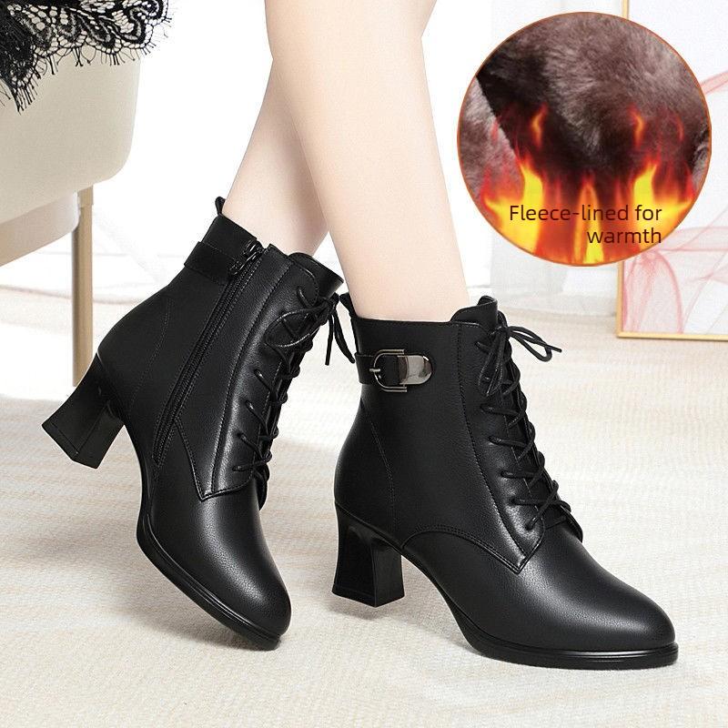 New Autumn/Winter Style Women's Soft Leather Boots with Chunky Heel, High Heel, Waterproof Platform, Fleece Lined