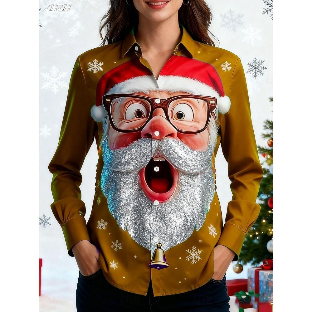 Christmas Women's Shirt Graphic Santa Claus Elegant Vintage Tropical Long Sleeve Shirt Collar Regular Tops Work Daily Holiday