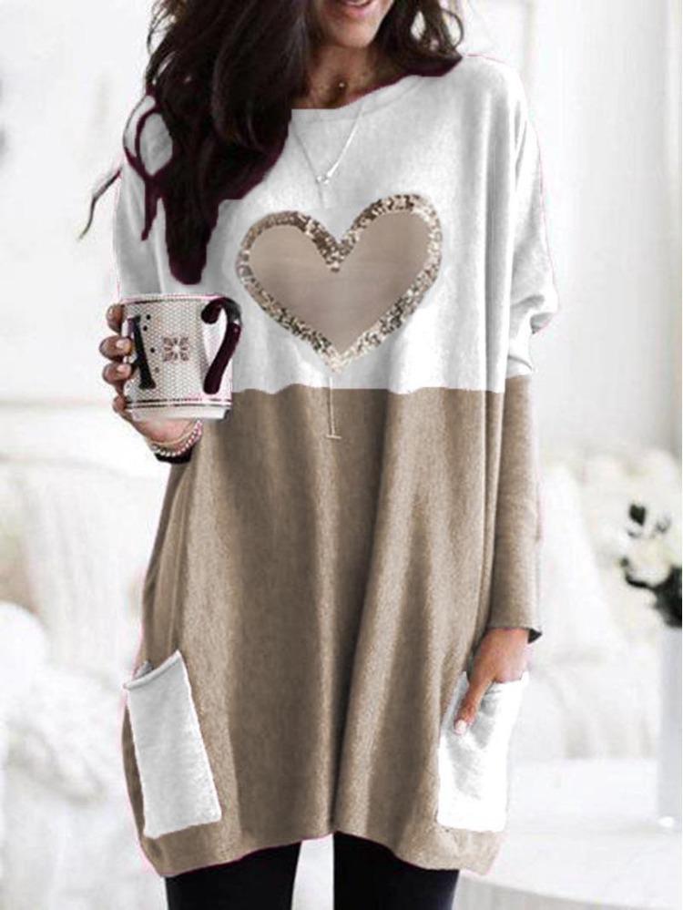 2023 Women Love Print Round Neck Tee Loose Long Sleeve Contrast Colors Wish