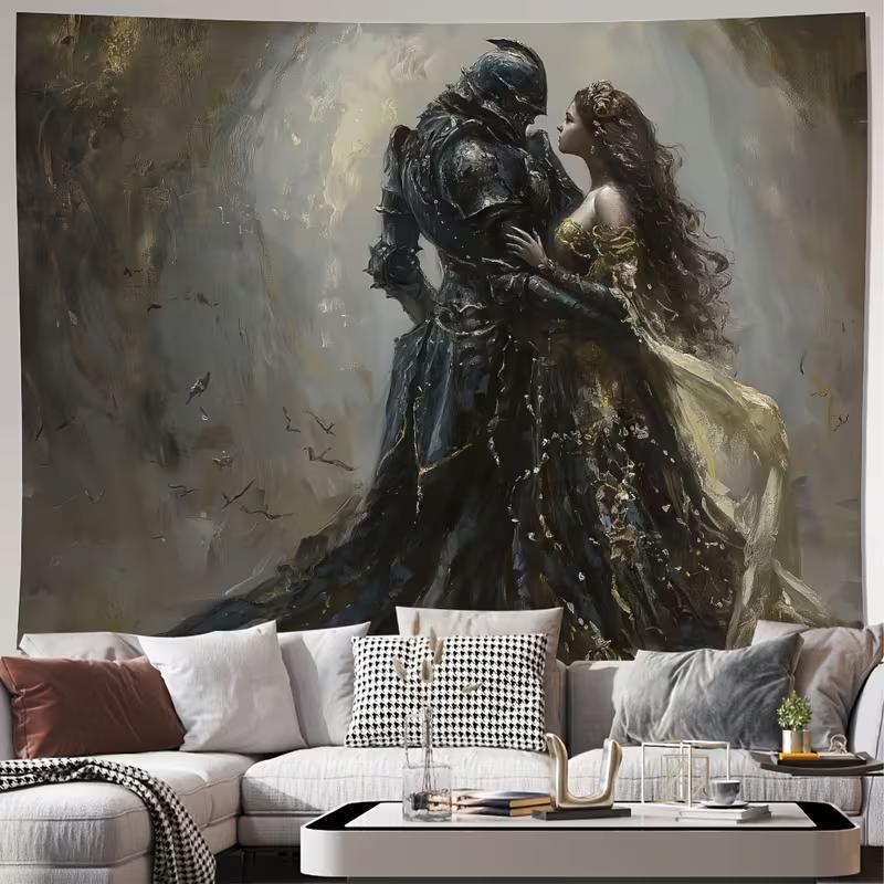 

2D Medieval Romantic Tapestry, Dark Knight & Princess Wall Art for Home Decor 47.2x31.5inch/120*80cm