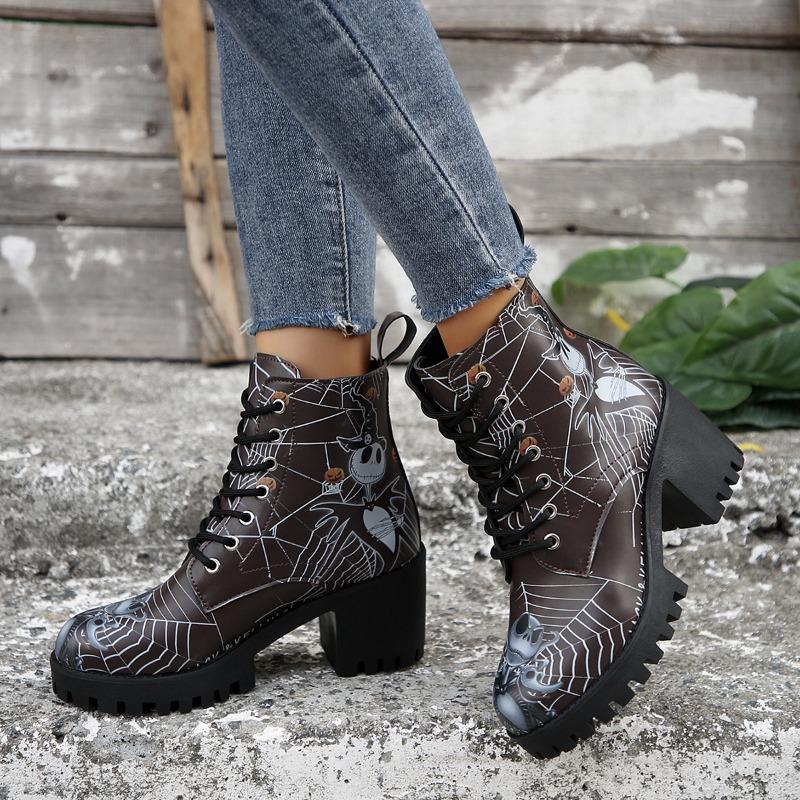 Halloween Skull High-heeled Short Boots 2024 Winter Item Thick Heel Print Design Versatile Fashion Women's Boots Zapatos Mujer