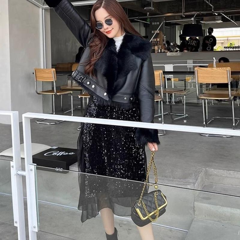 Autumn and Winter New Velvet Celebrity Daughter Gold Wind Big Lapel Imitation Fox Hair Pie Overcome Locomotive Suit Leather Jacket Short Coat Women
