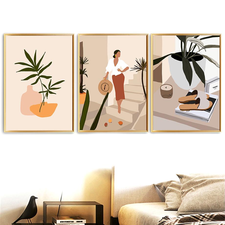 Abstract Girl Monstera Leaf Boho Vintage Nordic Posters And Prints Wall Art Canvas Painting Wall Pictures For Living Room Decor