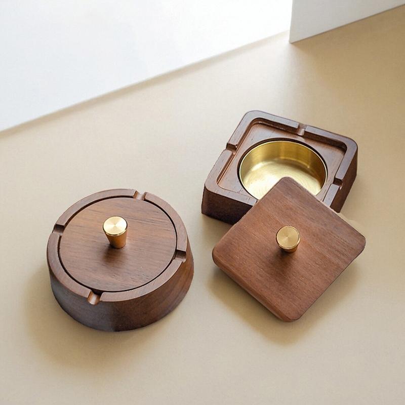 Square / Circle Natural Wood Ashtray With Lid Fireproof Iron Core Compact Size Suitable For Tea Tables And Desks Ash Tray Home