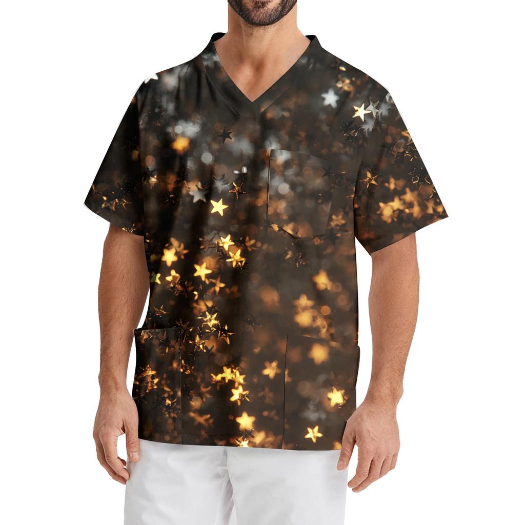 Men's Printing Short Sleeve V-neck Working Blouse Chest Pocket Carer Top