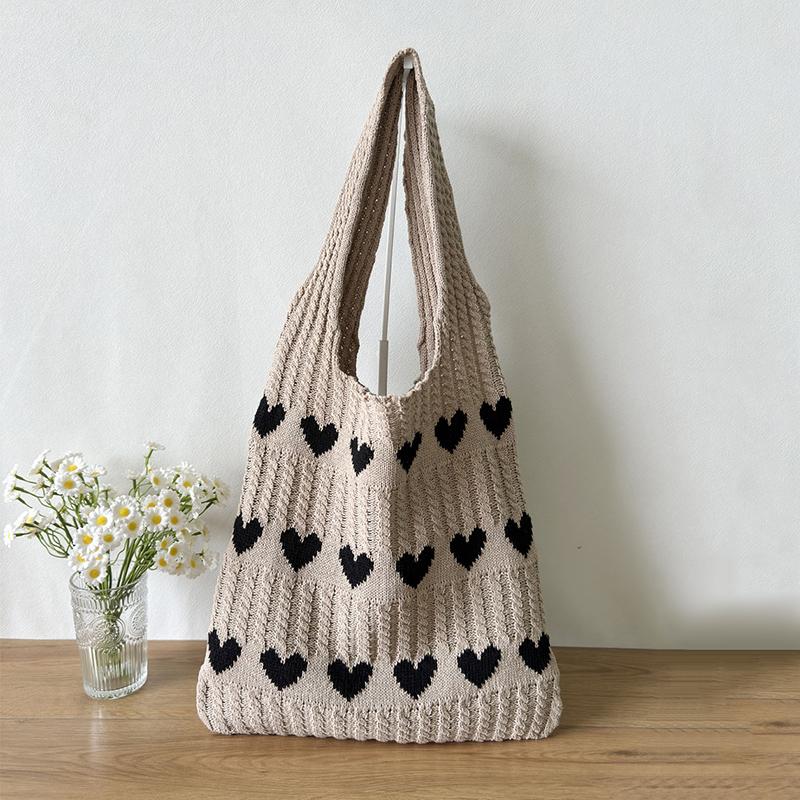 Knitted Love Pattern Tote Bag Stylish Woven Handbag Shoulder Bag for Women Party Work Travel Underarm Bag Outdoor
