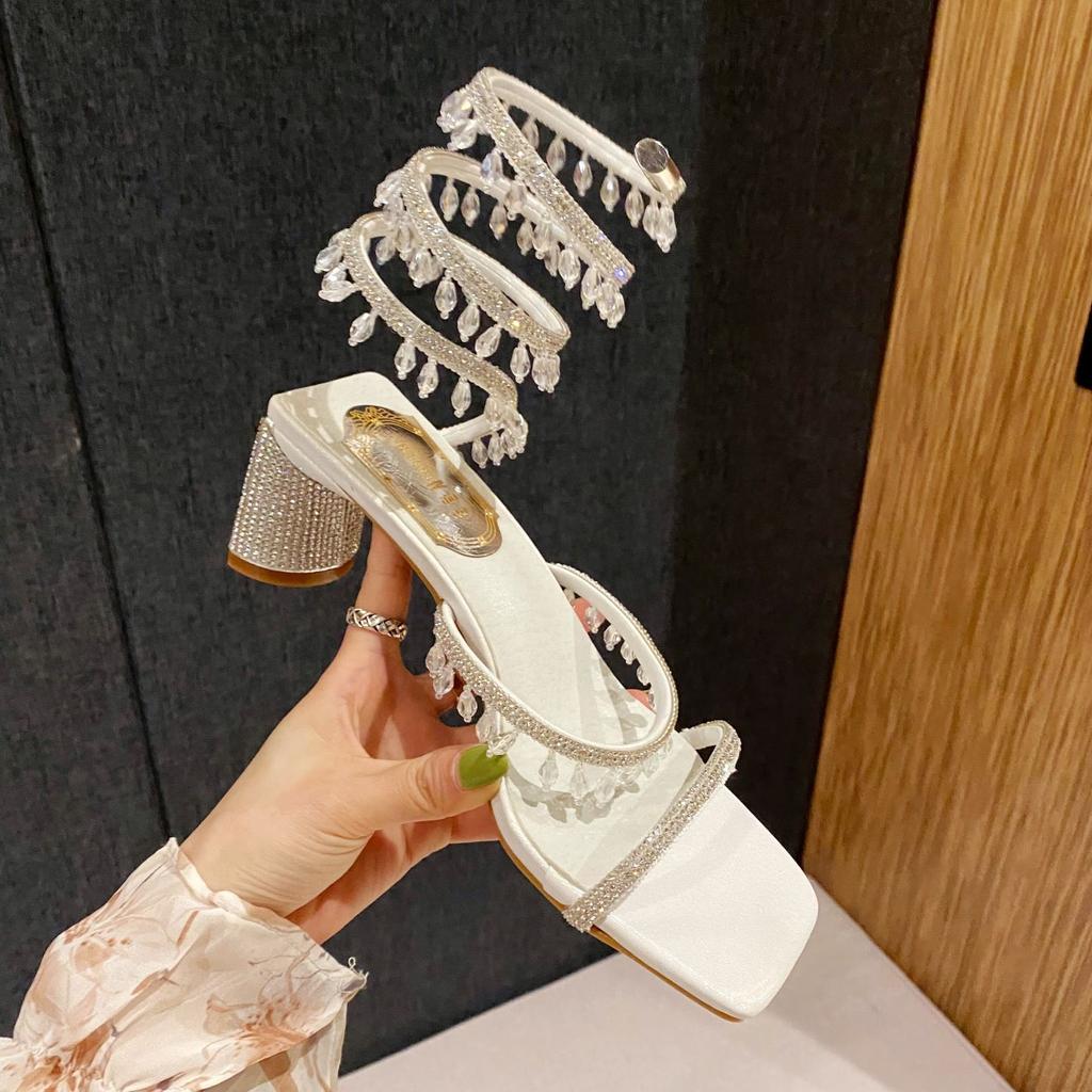 Summer Women's Sandals Luxury Club Square Toe Pendant Rhinestone Snake Pattern White Heel Sandals Wedding Party Shoes