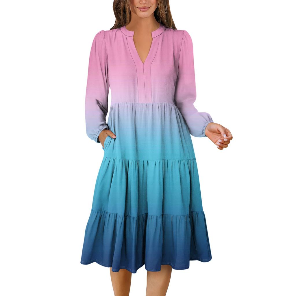 Women's V-Neck Flowing Layered Bohemian Long Sleeve Gradient Print Dress