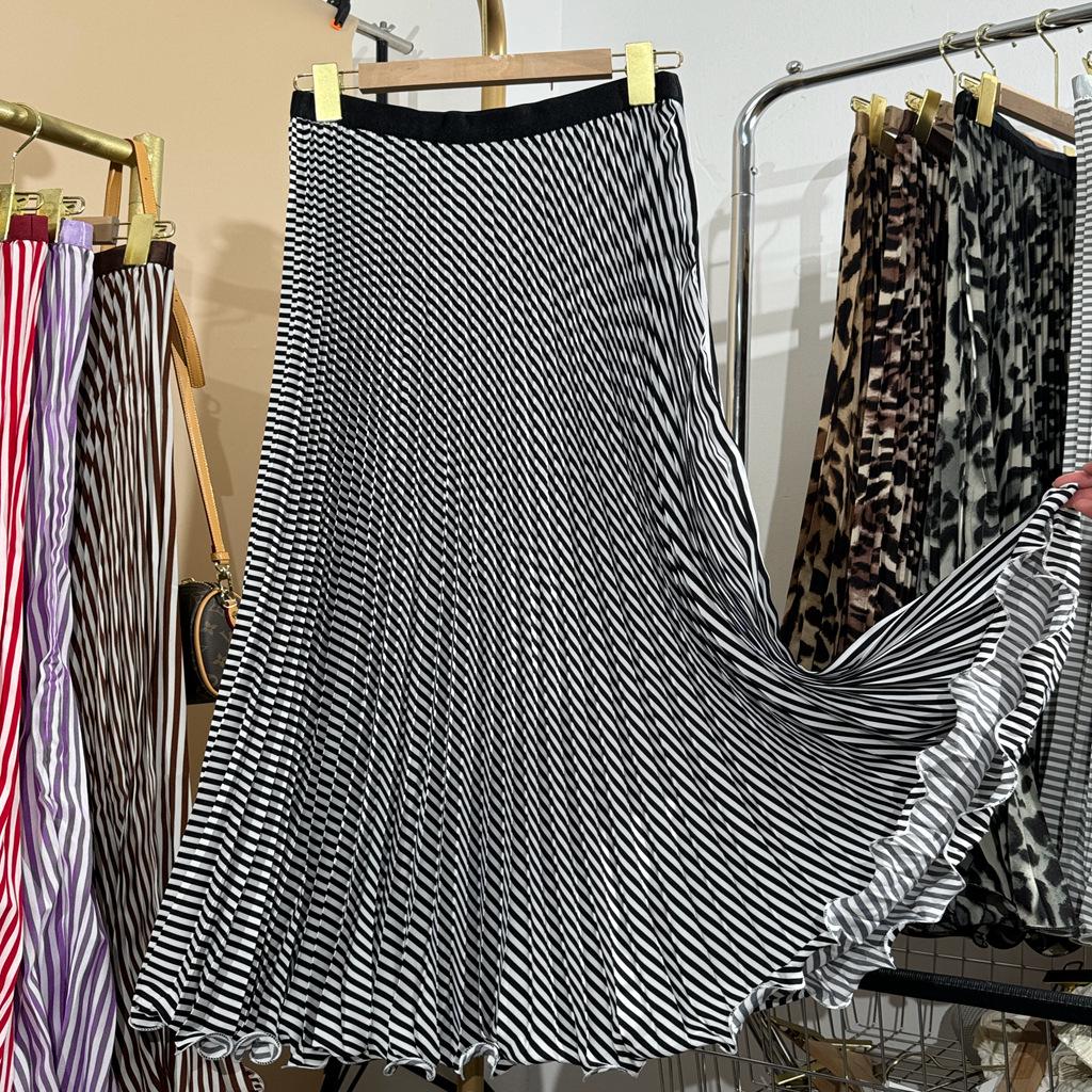 Multicolor Korean Style Chiffon High Waist Pleated Polka Dot Midi Skirt